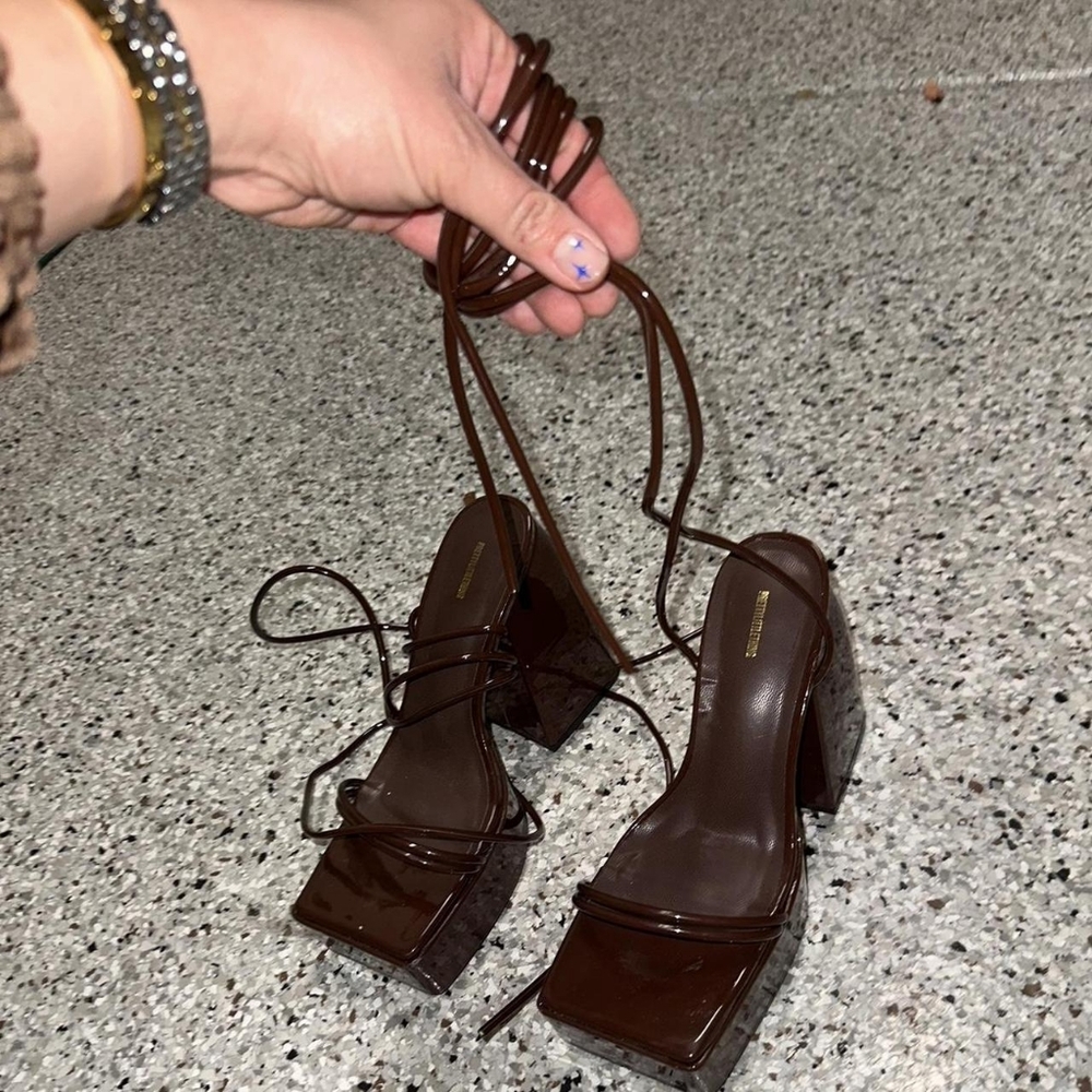 PrettyLittleThing Brown Square Toe Chunky Heels That Tie Up